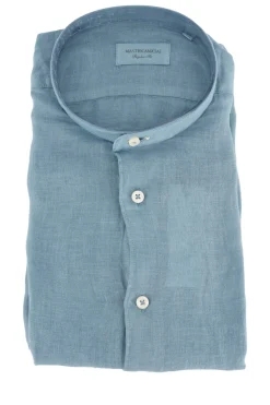 Clearance Camicia in Lino con Collo alla Coreana / Celeste Uomo Camicie