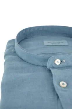 Clearance Camicia in Lino con Collo alla Coreana / Celeste Uomo Camicie