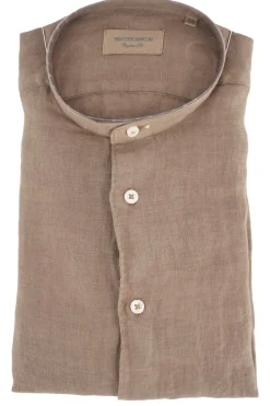 Clearance Camicia in Lino con Collo alla Coreana / Marrone Uomo Camicie