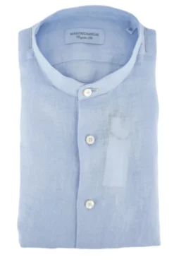 Clearance Camicia in Lino con Collo alla Coreana / Azzurro Uomo Camicie