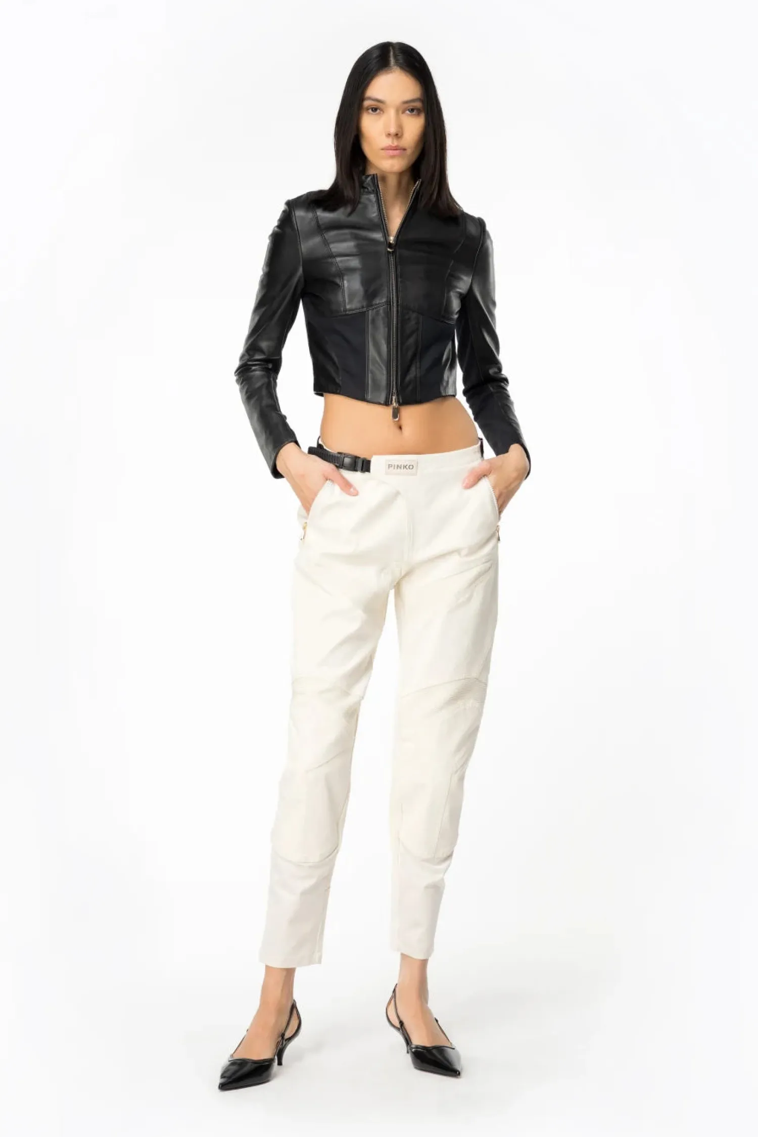 Sale Giacca Biker Corta in Pelle e Tessuto / Donna Giubbini