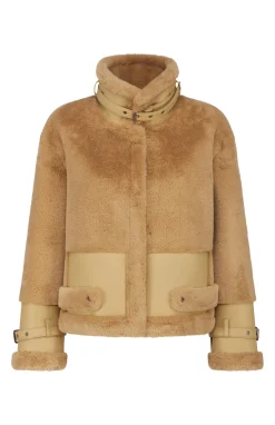 Clearance Giacca in Eco Pelliccia con Inserti in Eco Pelle / Caramello Donna Cappotti