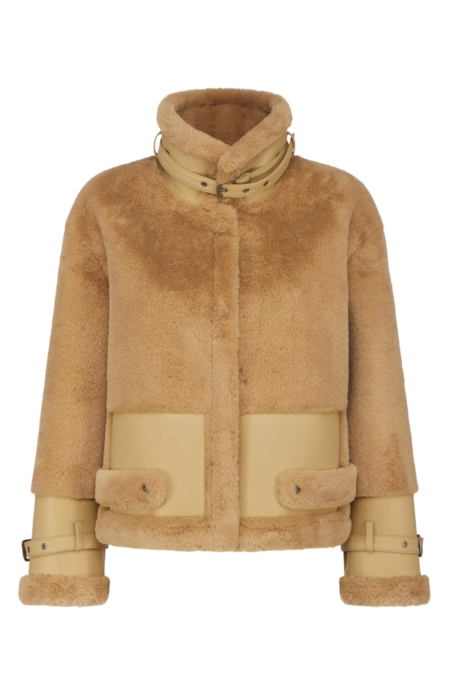 Clearance Giacca in Eco Pelliccia con Inserti in Eco Pelle / Caramello Donna Cappotti