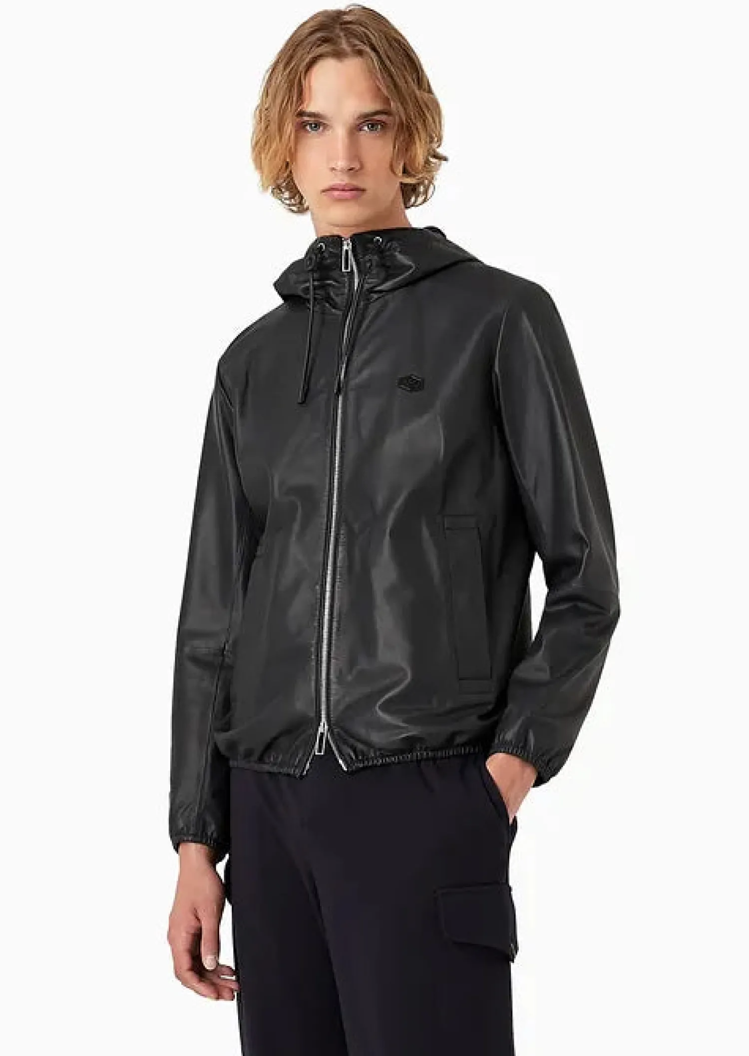 Sale Giubbino in Pelle con Zip e Cappuccio / Uomo Giubbotti