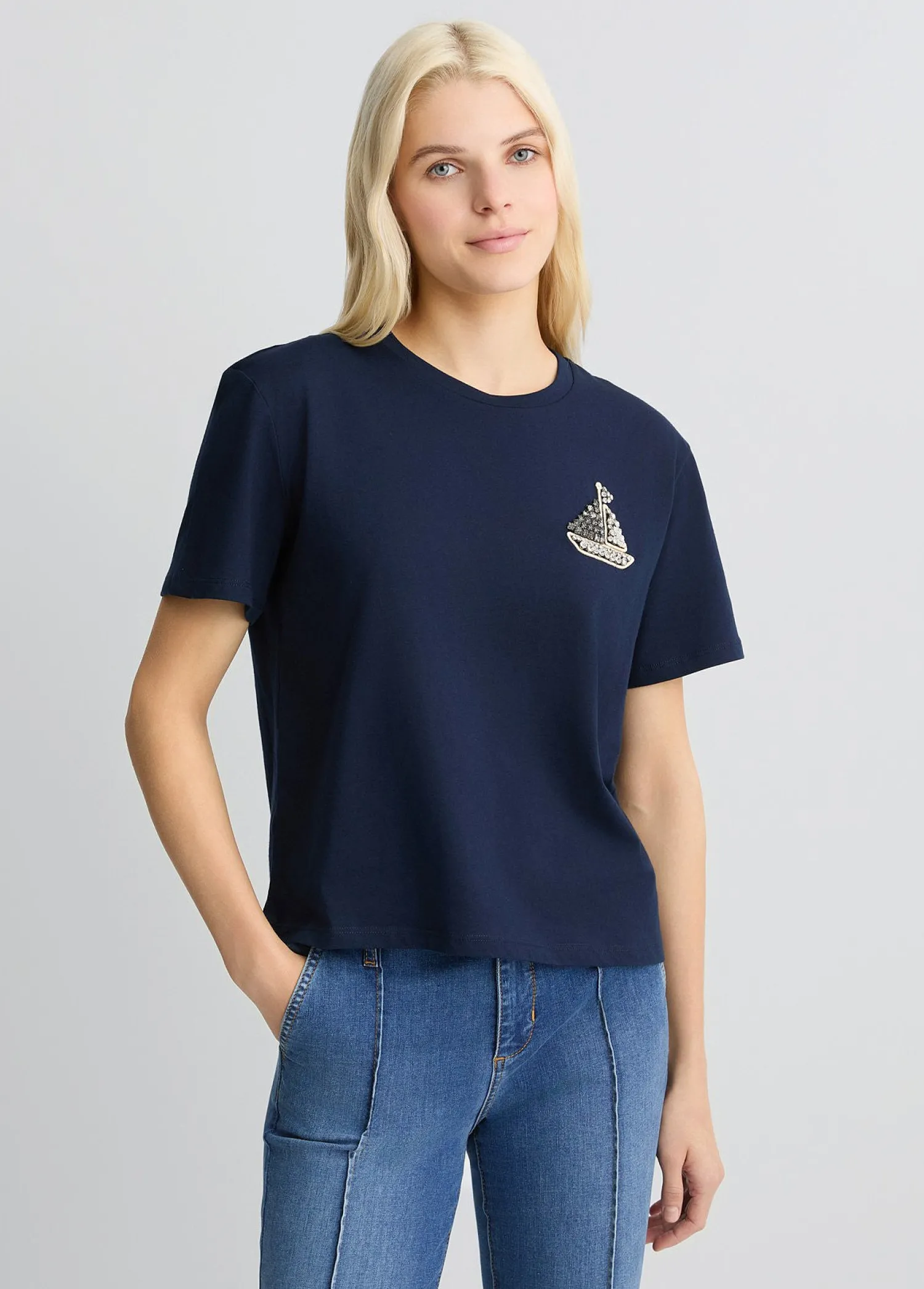 Hot T-Shirt in Cotone con Ricamo e Strass / Donna T-shirt