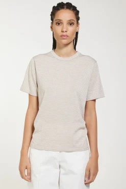 New T-Shirt in Maglia con Fantasia a Righe / Beige Donna T-shirt
